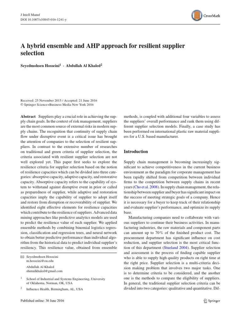 Paper 30 A Hybrid Ensemble And AHP Approach For Resilient Supplier ...