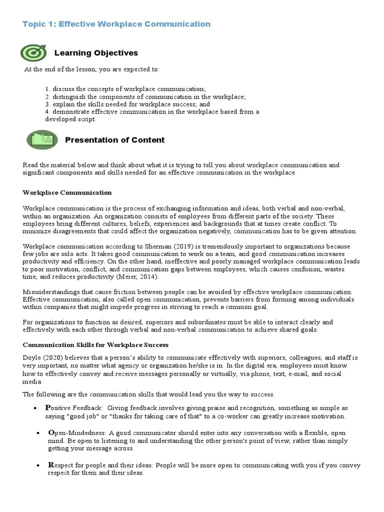Topic 1 Effective Workplace Communication | PDF | Communication ...