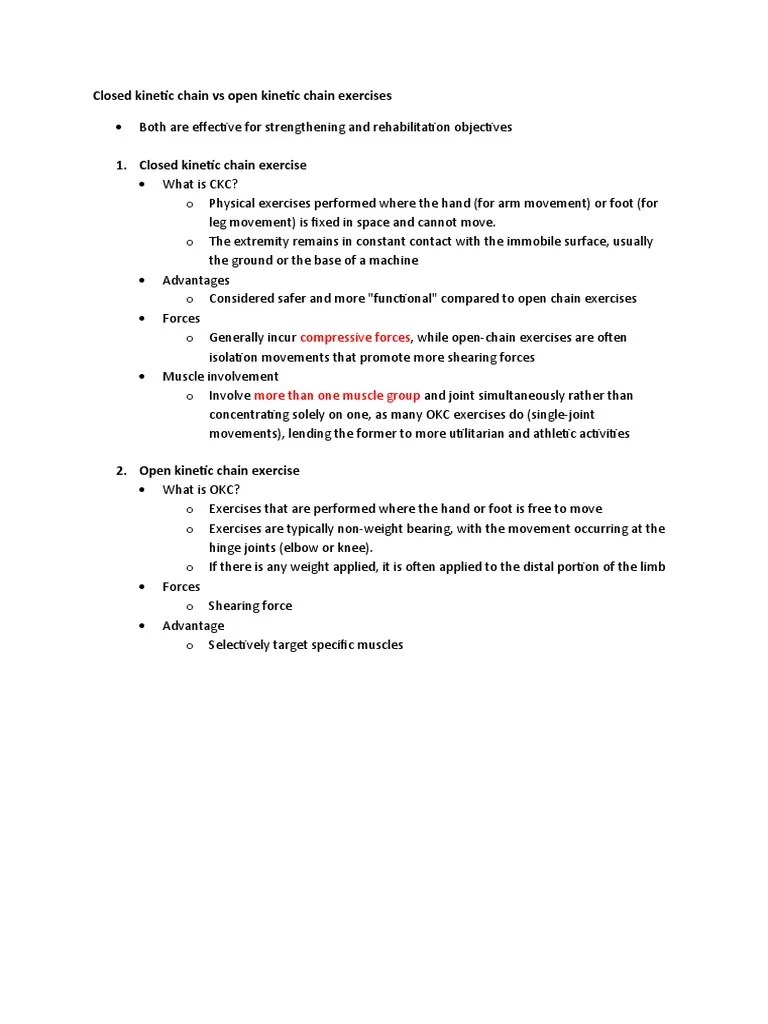 Closed Kinetic Chain Vs Open Kinetic Chain Exercises | PDF