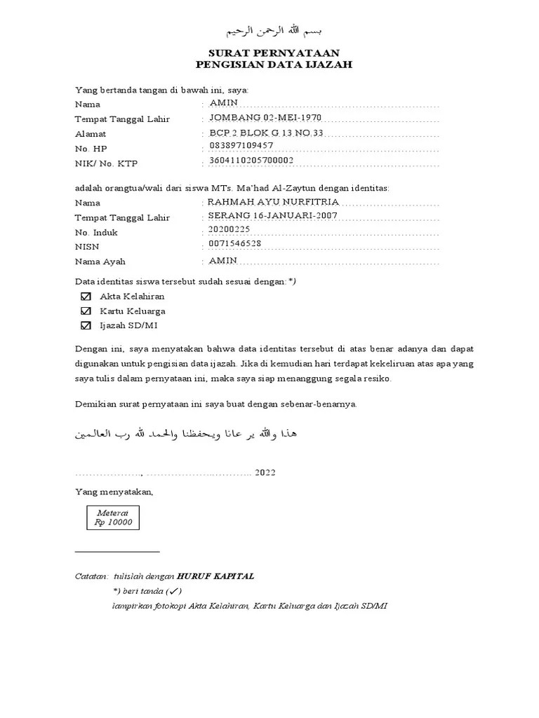 Surat Pernyataan Data Ijazah | PDF