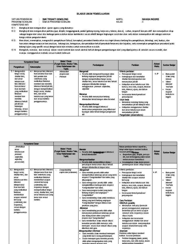 Silabus Bahasa Inggris Kelas X | PDF | Seni & Disiplin Bahasa