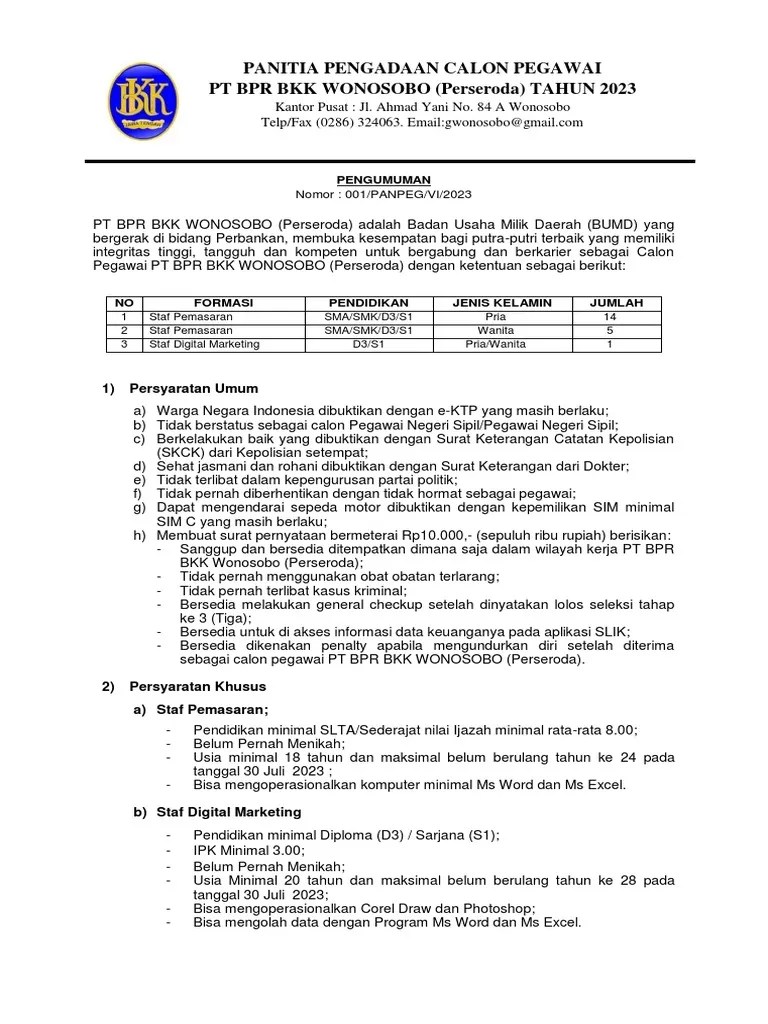 PENGUMUMAN PENGADAAN CALON PEGAWAI 2023 PT BPR BKK WONOSOBO Perseroda | PDF
