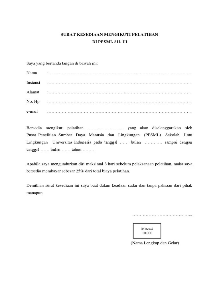 Surat Kesediaan Mengikuti Pelatihan | PDF