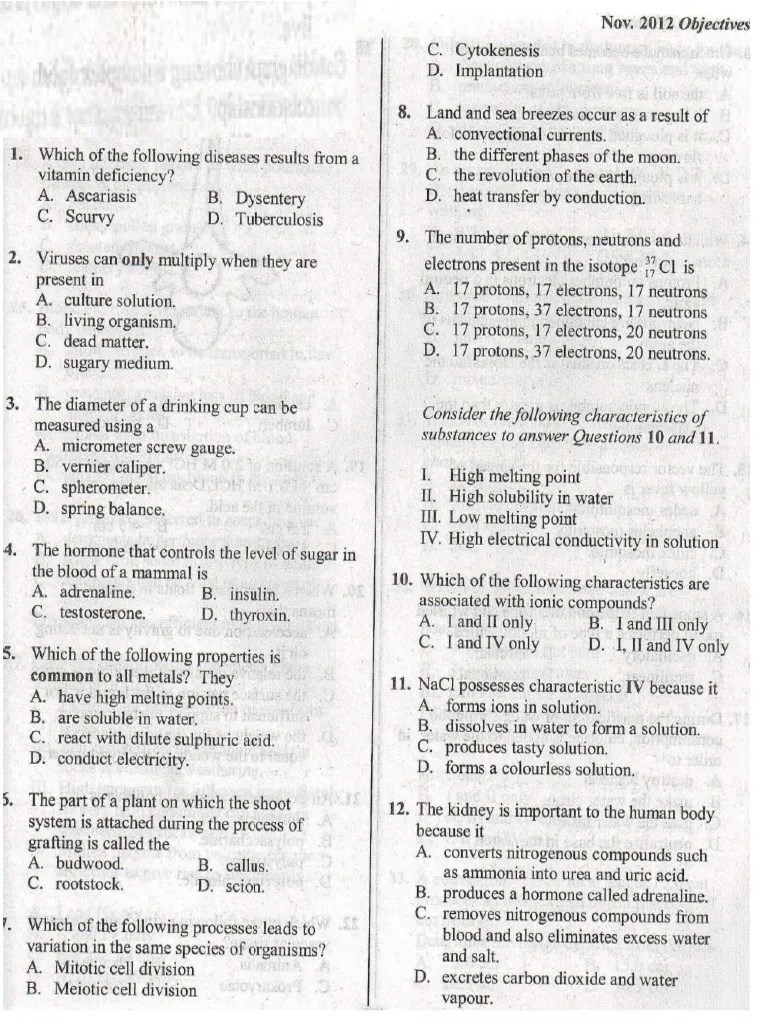 WASSCE WAEC Integrated Science Nov Dec 2012 Past Questions And Answers ...