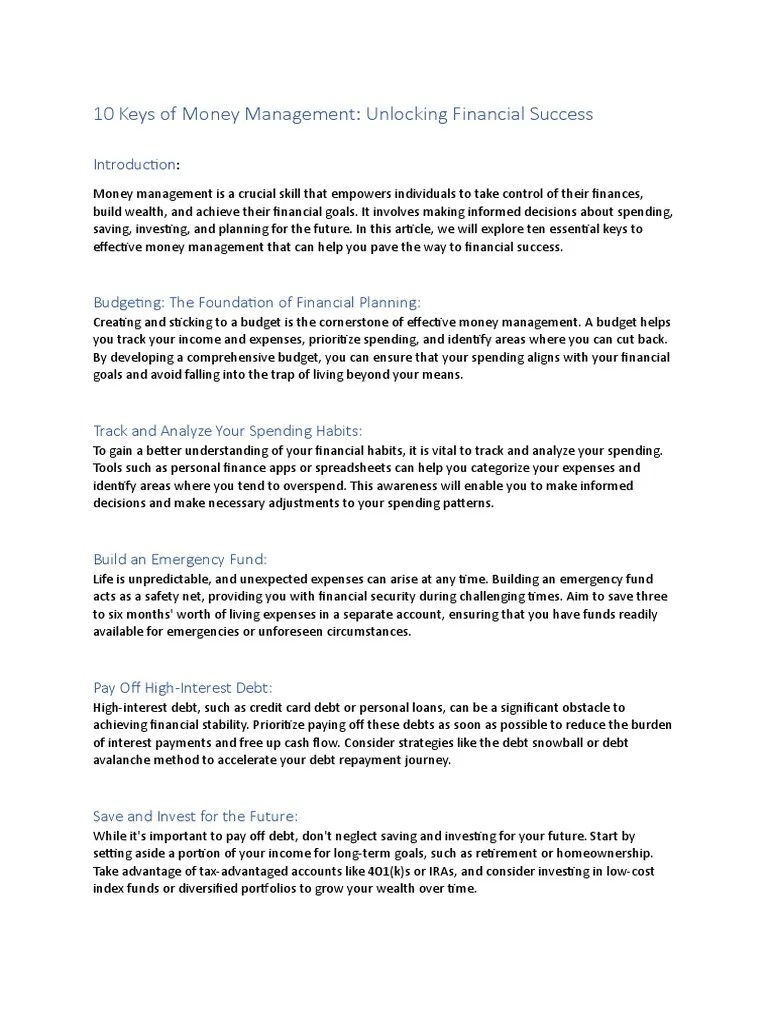 10 Keys Of Money Management | Download Free PDF | Investing | Diversification (Finance)