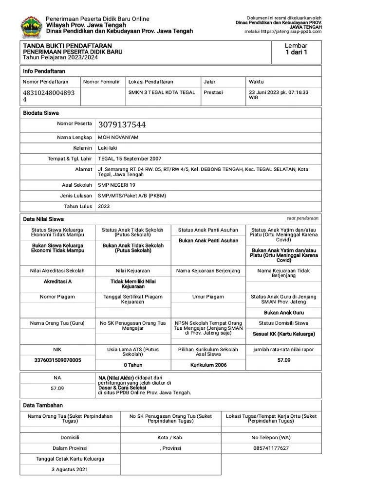 Tanda Bukti Pendaftaran - 3079137544 - MOH NOVANI'AM | PDF