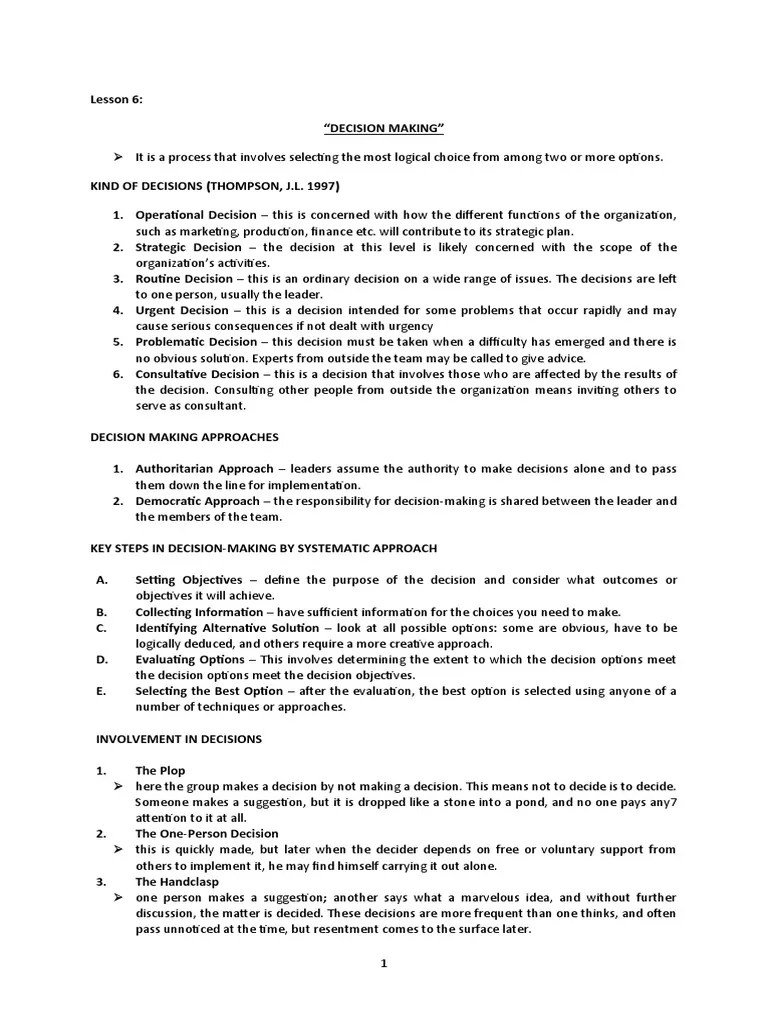 Lesson 6 Decision Making | PDF | Decision Making | Consensus Decision ...