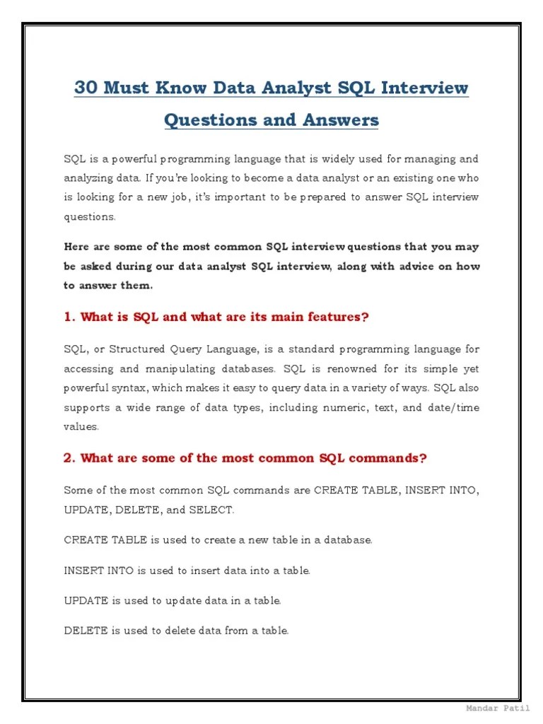 30 Must Know Data Analyst SQL Interview Questions | PDF | Database ...