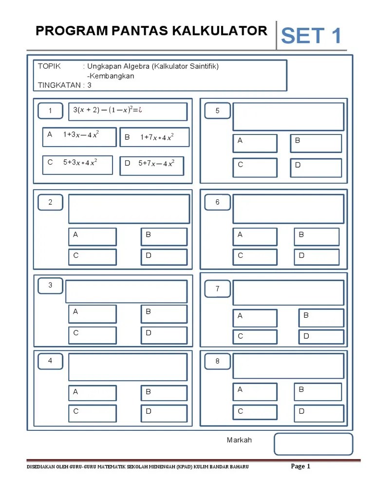 Form 3-Ungkapan Algebra SET 1 (Kembangkan) | PDF