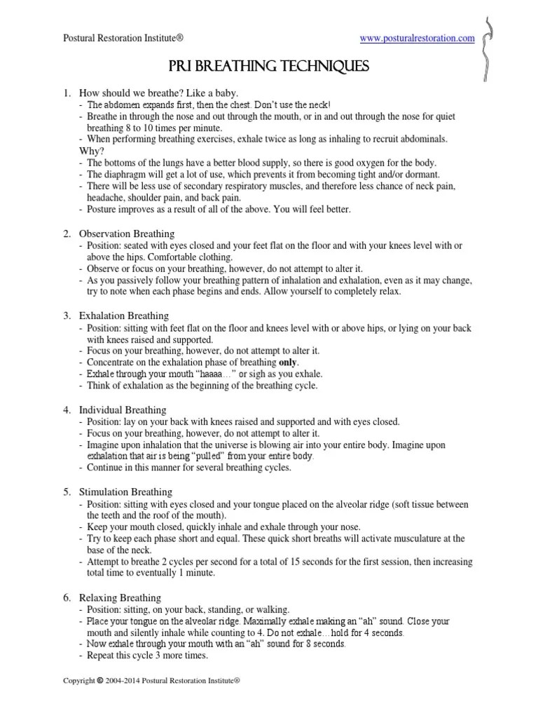 PRI Breathing Techniques | PDF | Breathing | Exhalation