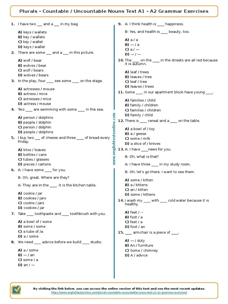 444 Plurals Countable Uncountable Nouns Test A1 A2 Grammar Exercises ...