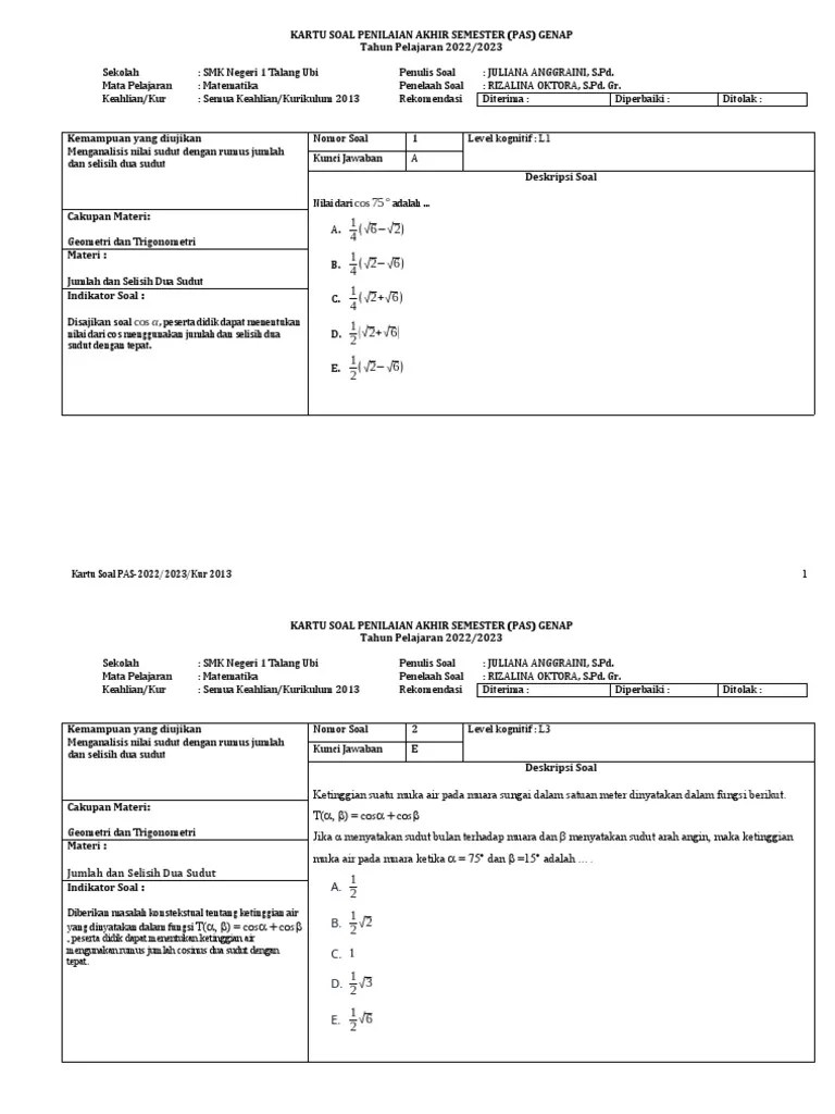 Kartu Soal PAS Genap Matematika Kelas XI 2022-2023 | PDF