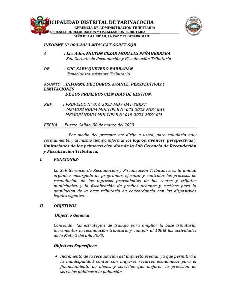 Informe #003-2023 - 100 Dias | PDF | Finanzas Del Gobierno | Gobierno