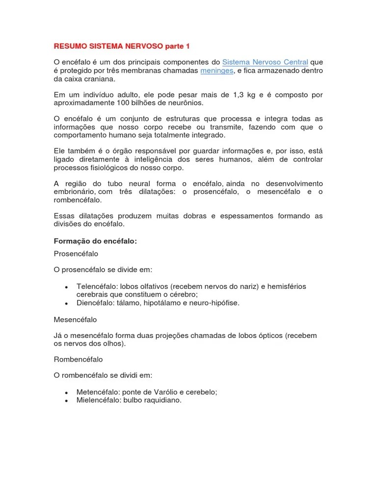 Resumo Sistema Nervoso | PDF | Cérebro | Zoologia