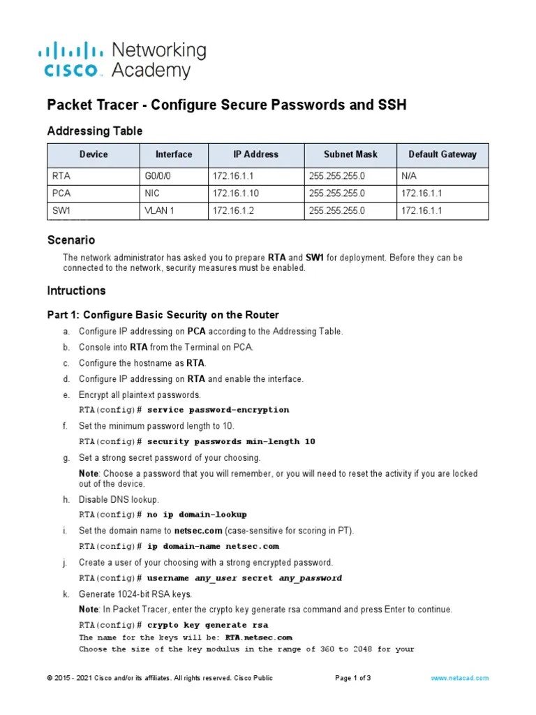 4.4.8 Packet Tracer - Configure Secure Passwords And SSH | PDF | Ip ...