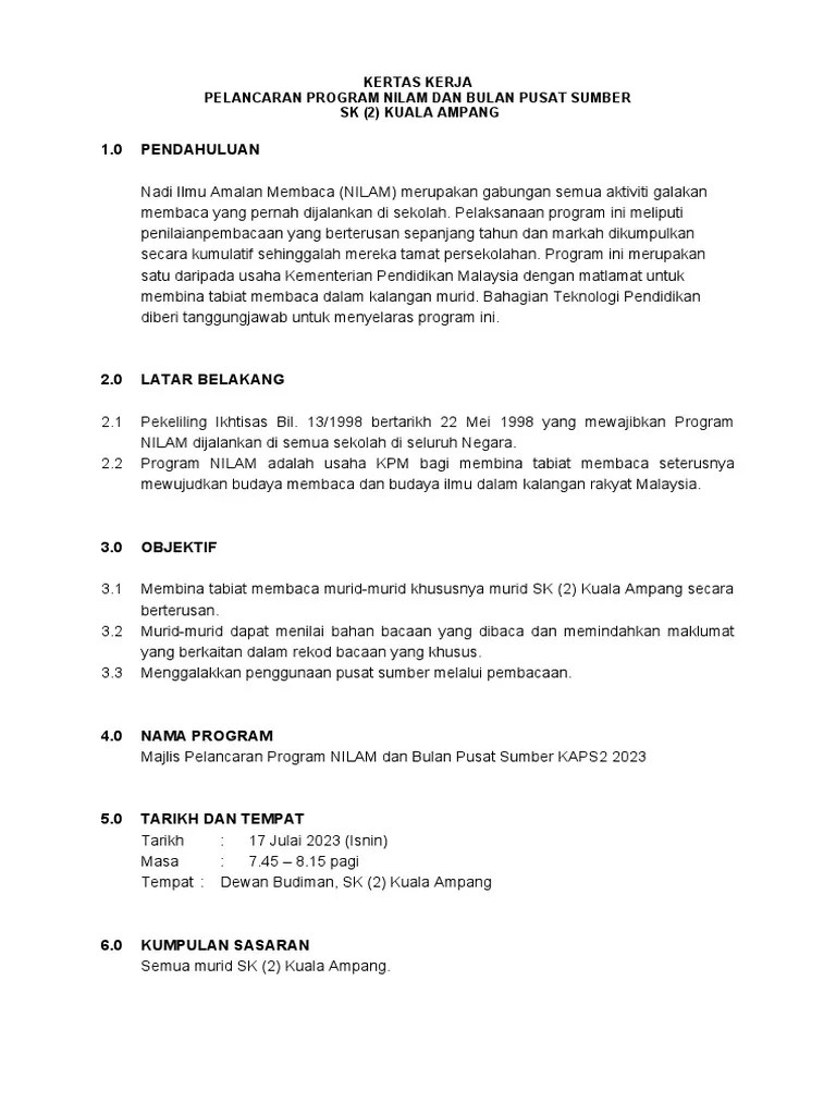 Kertas Kerja Pelancaran Program NILAM 2023 | PDF