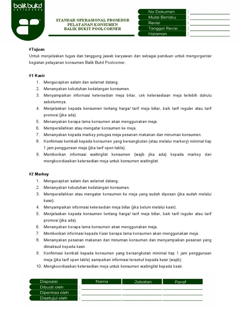 Sop Pelayanan Bbpoolcorner | PDF