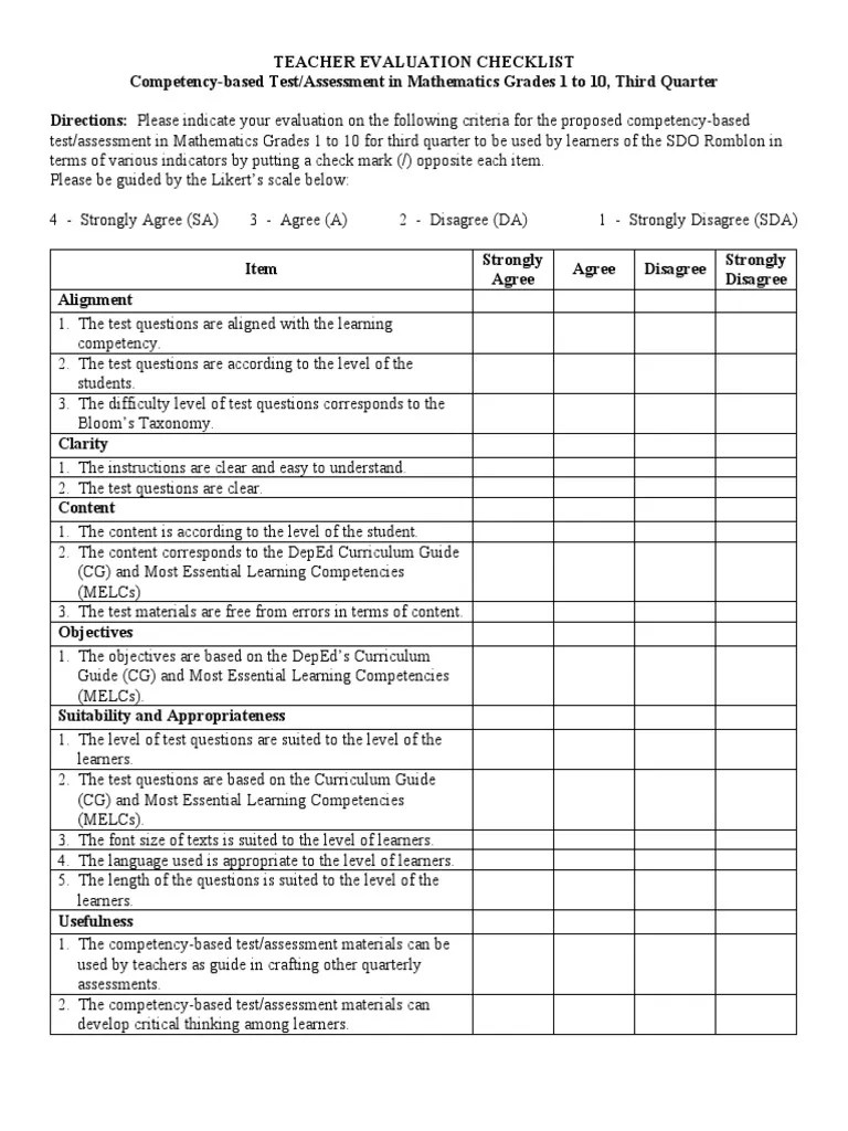 Teacher Evaluation Checklist | PDF