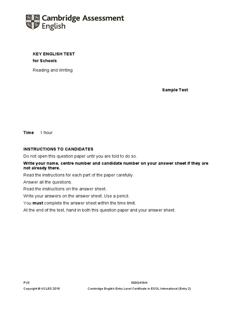 1【Reading And Writing】A2 Key For Schools 2020 Sample | PDF