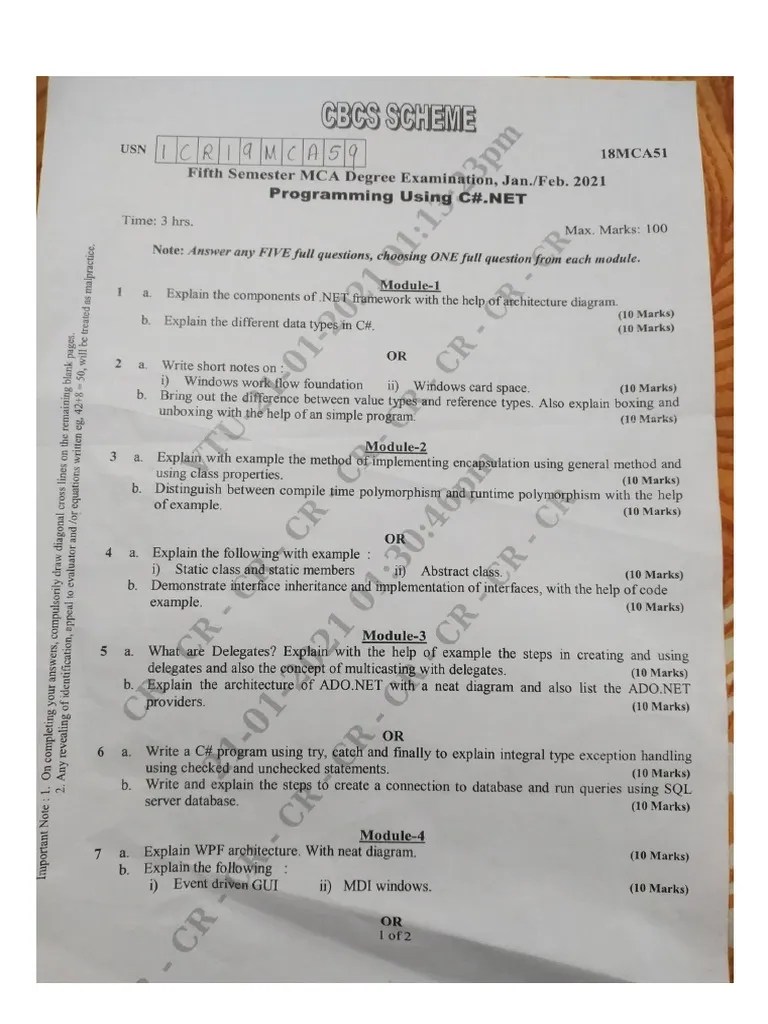 VTU Exam Question Paper With Solution Of 18MCA51 Programming Using C# ...