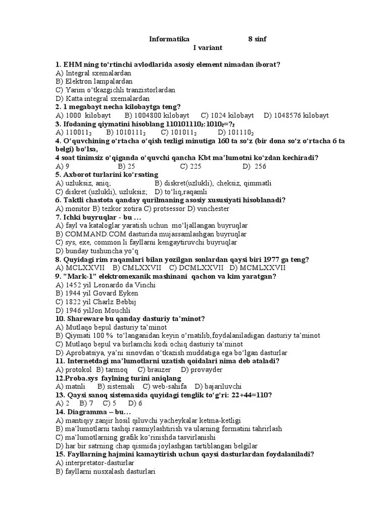 Informatika 8 Sinf I Variant Ehm Ning To Rtinchi Avlodlarida Aso | PDF