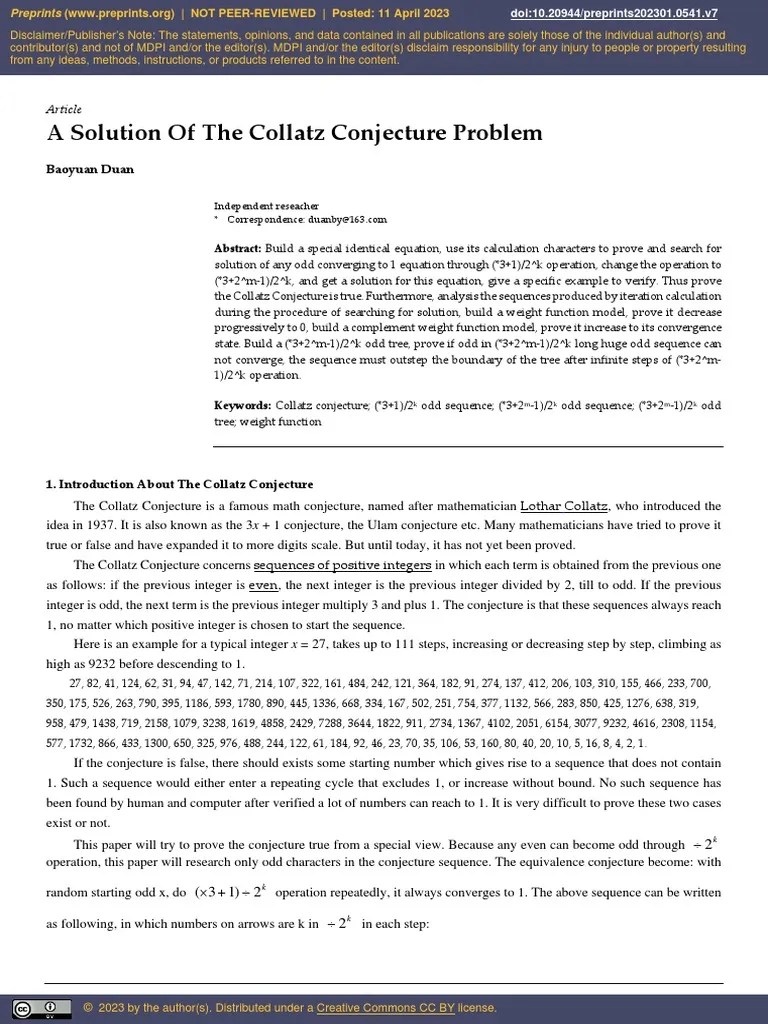 A Solution Of The Collatz Conjecture Problem | PDF | Mathematics | Mathematical Concepts