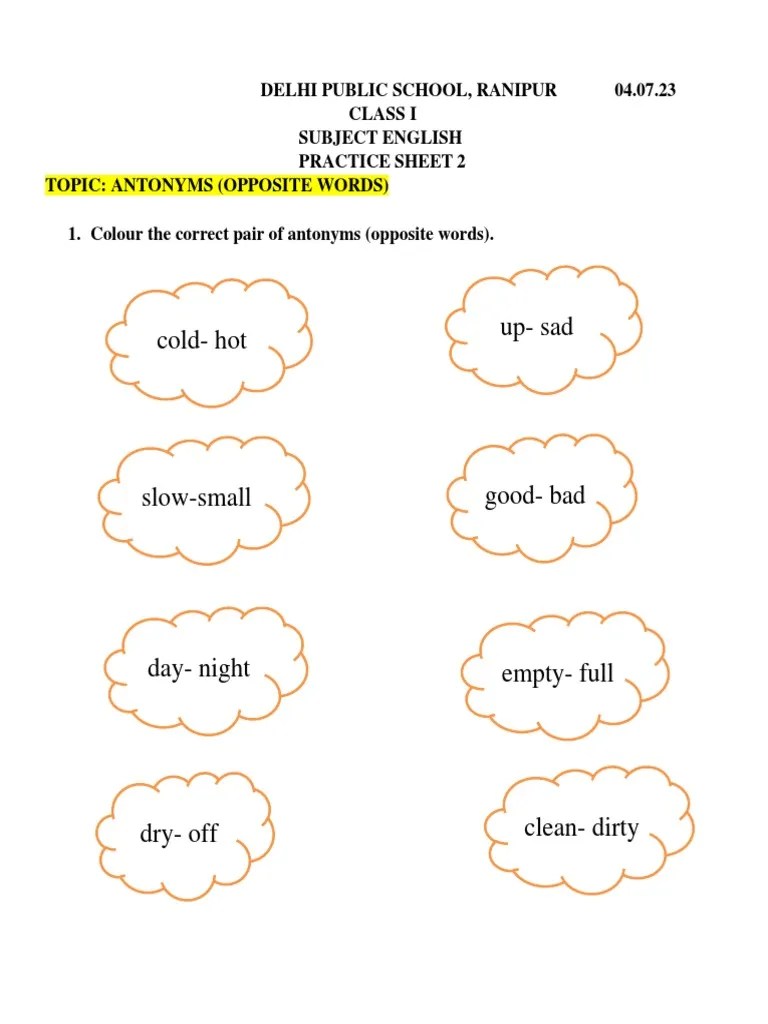Antonyms Practice Sheet 2 | PDF