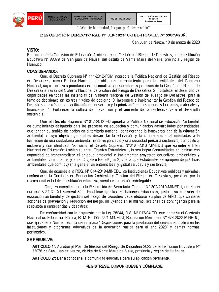 Resolucion 019 020 Plan De Gestion De Riesgo 2023 | PDF