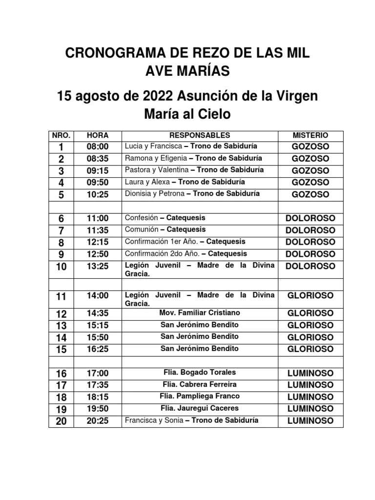 Cronograma De Rezo De Las Mil Ave Marías | PDF