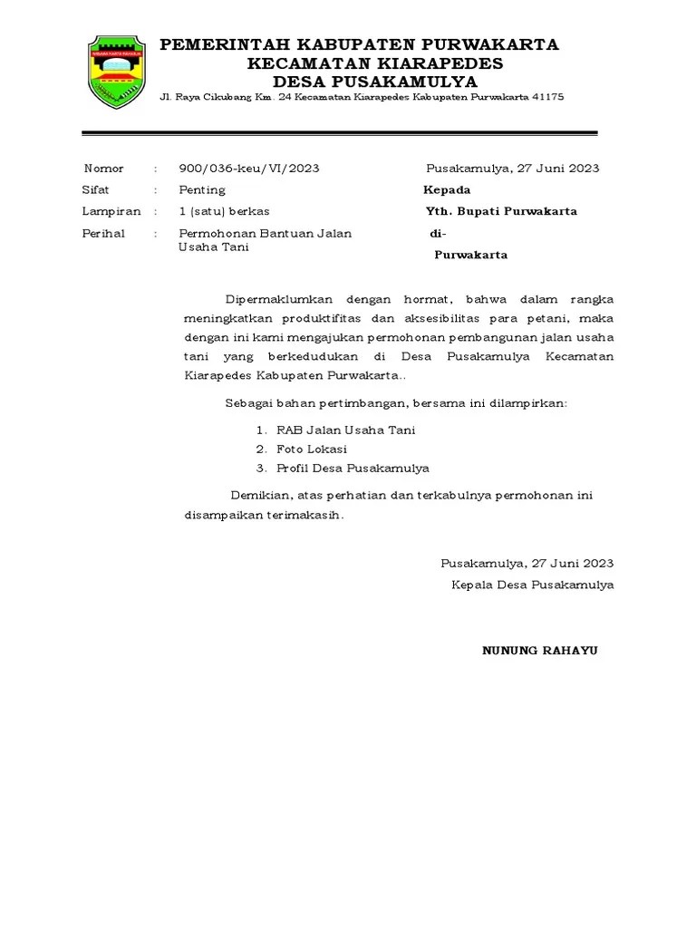 Surat Permohonan Jalan Usaha Tani | PDF