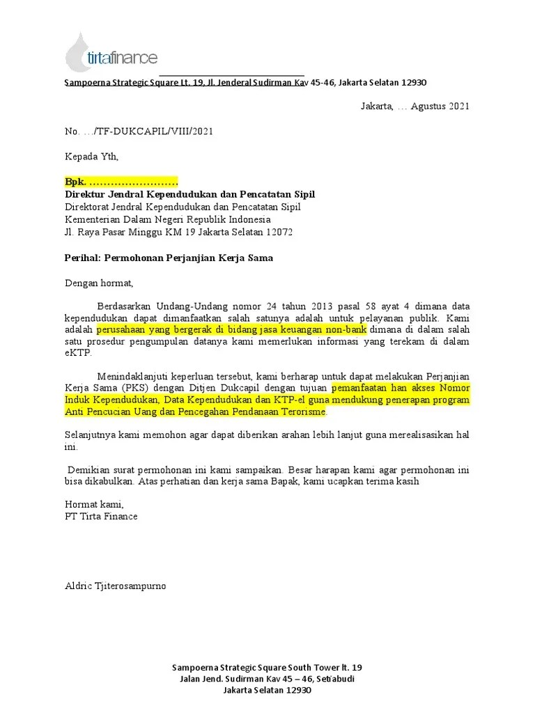 Contoh - Surat Permohonan Kerjasama Dukcapil | PDF