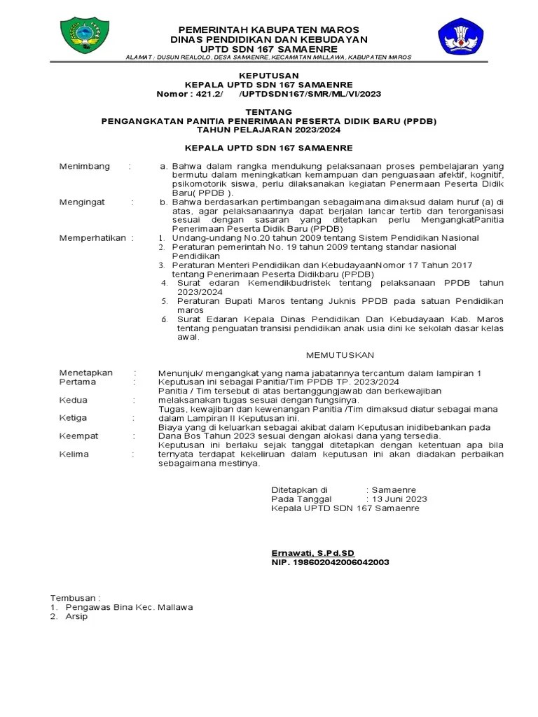 SK PANITIA PPDB 2023-2024 SDN 167 Samaenre | PDF