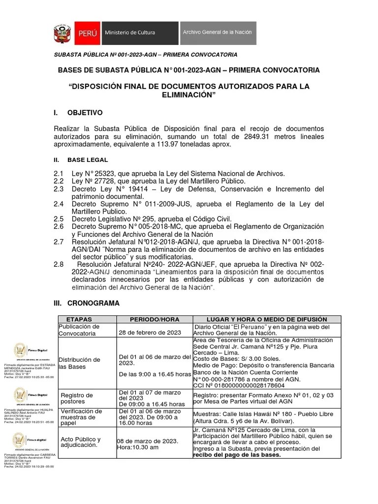 BASES DE LA SUBASTA PUBLICA #001-2023-AGN - Primera Convocatoria | PDF ...