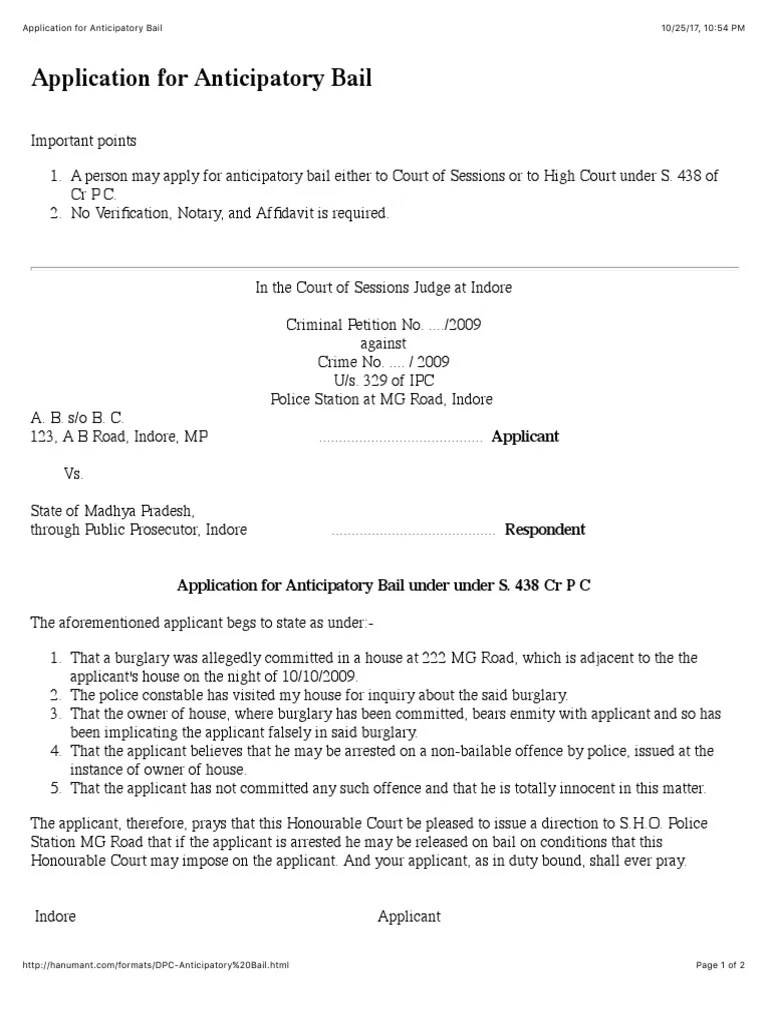 Application For Anticipatory Bail | PDF | Bail | Legal Action
