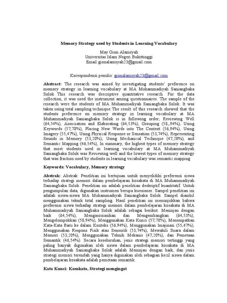 Memory Strategy Used By Students In Learning Vocabulary | PDF