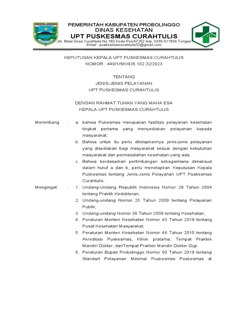 SK Jenis-Jenis Pelayanan PKM Curahtulis 2023 | PDF