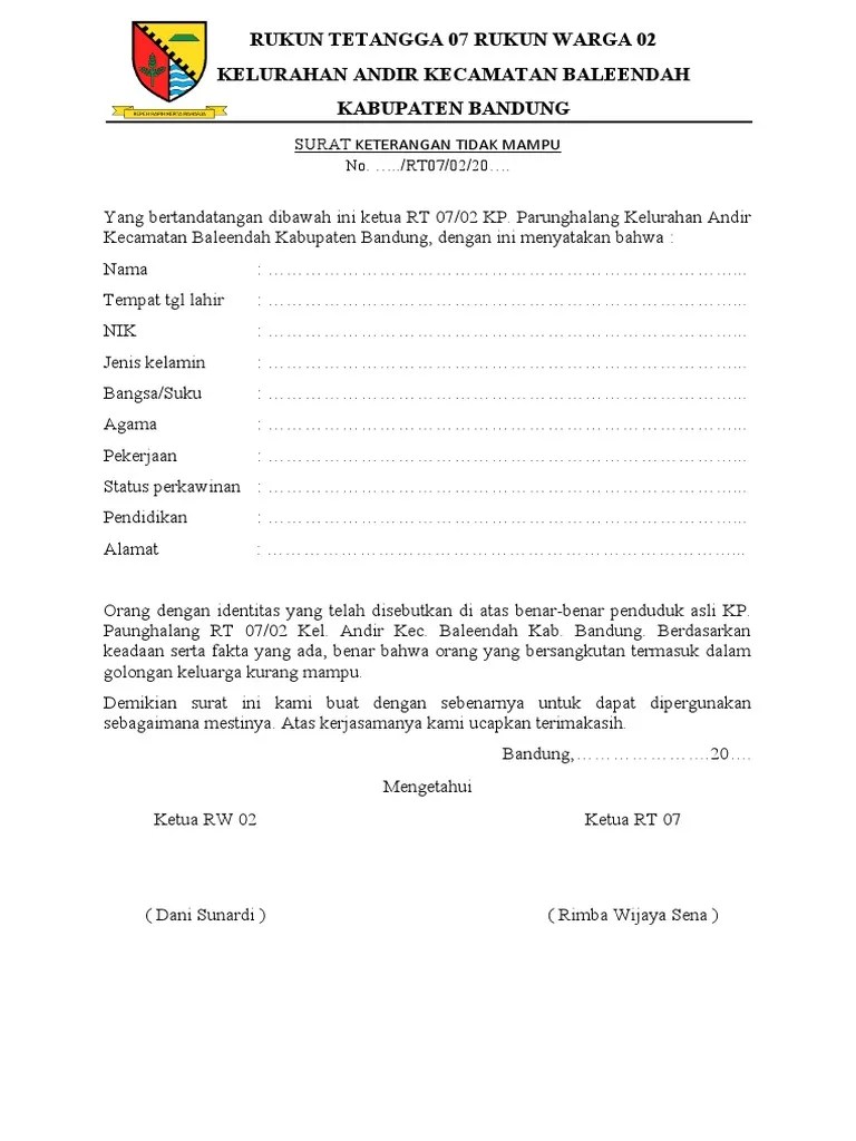 Surat Keterangan Tidak Mampu | PDF