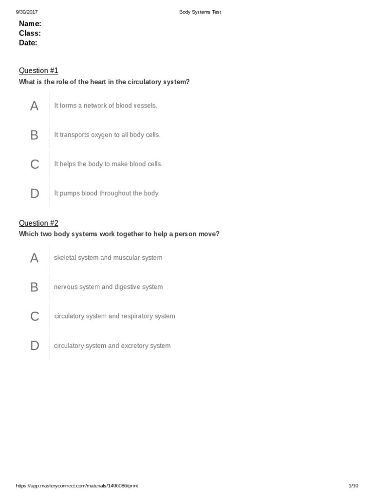 Body Systems Test | PDF | Human Body | Respiratory System