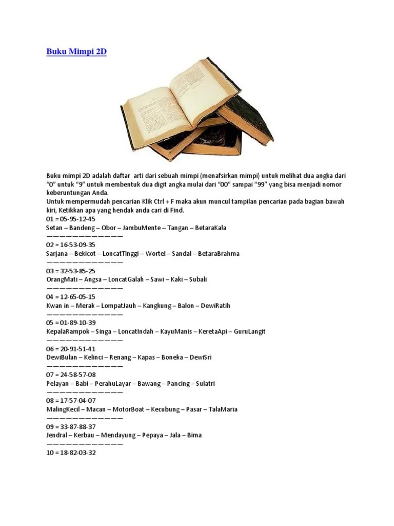 Buku 1001 tafsir mimpi merupakan buku yang membahas tetang tafsir mimpi secara lengkap. Buku Mimpi 2D