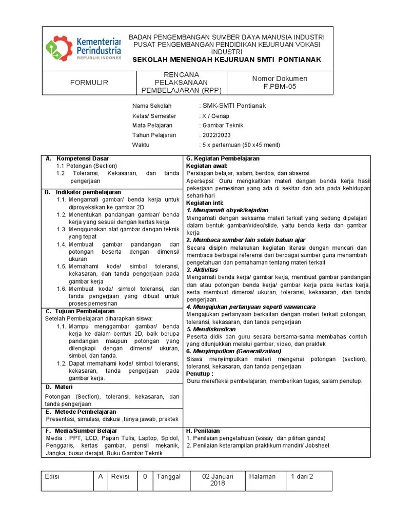 F. PBM - 05 - RPP - KD Gambar Teknik Kelas X Teknik Pemesinan | PDF