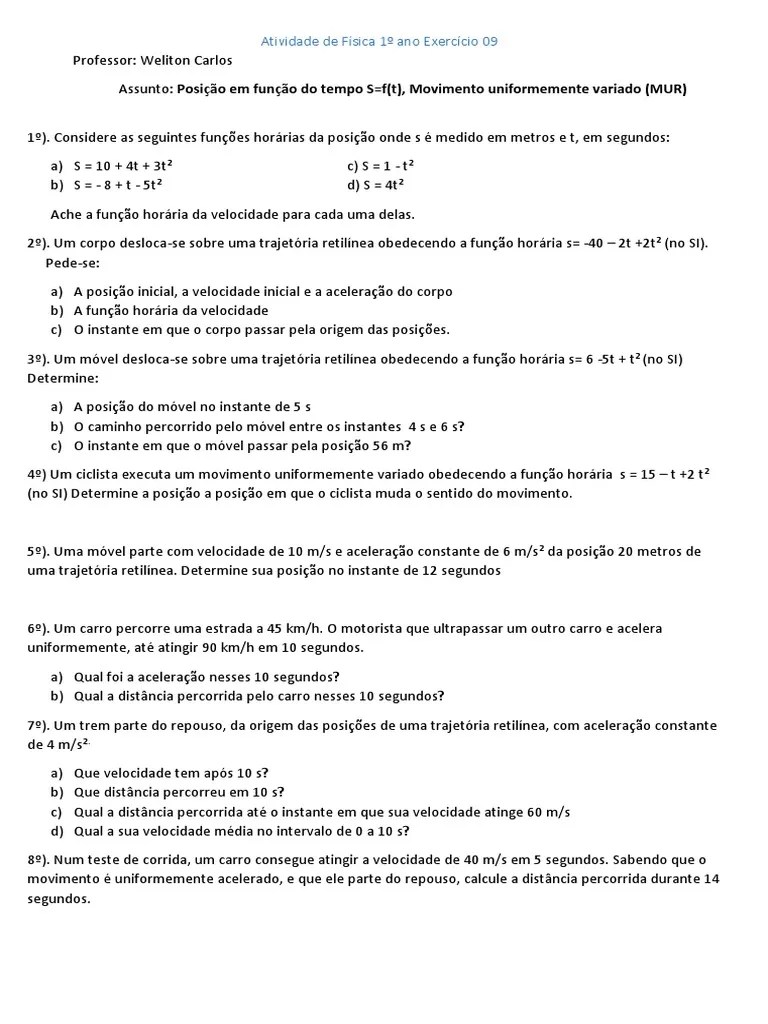 Atividade De Física 1º Ano Exercício 09 | PDF