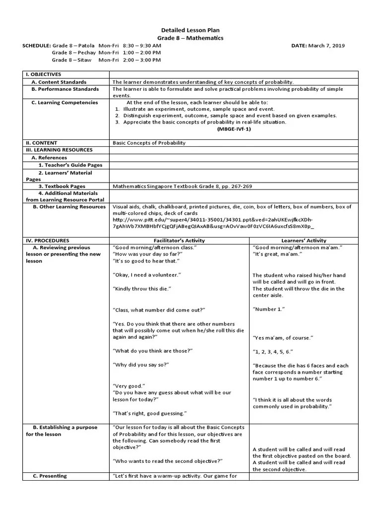 Lesson Plan In Basic Concepts Of Probability | PDF | Learning | Probability