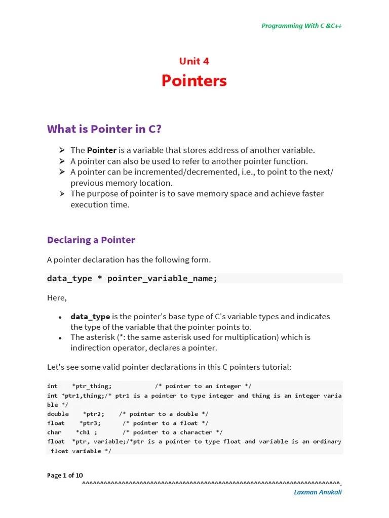 Pointers Unit 4th 2nd Sem | PDF | Pointer (Computer Programming) | 64 ...