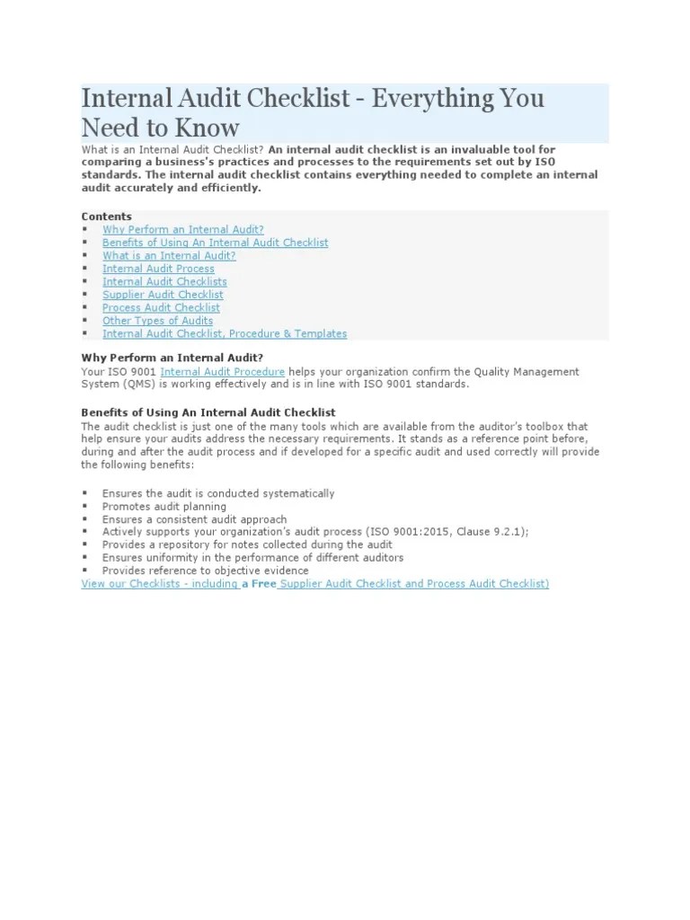 Internal Audit Checklist | PDF | Audit | Internal Audit