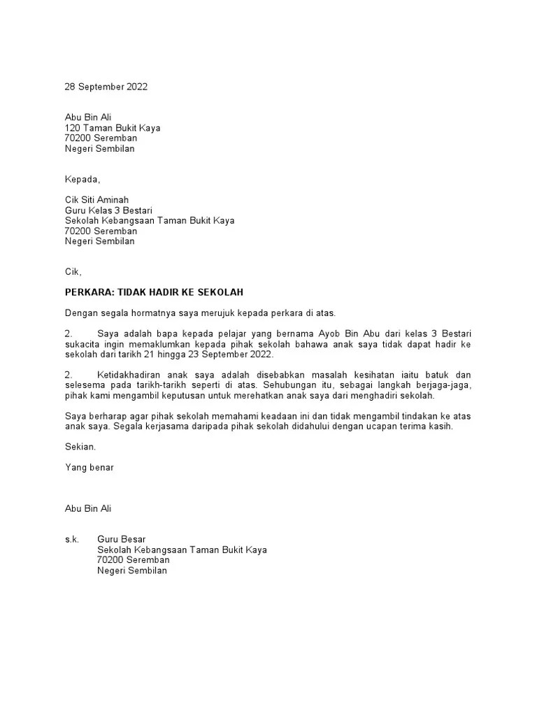 Surat Tidak Hadir Ke Sekolah | PDF