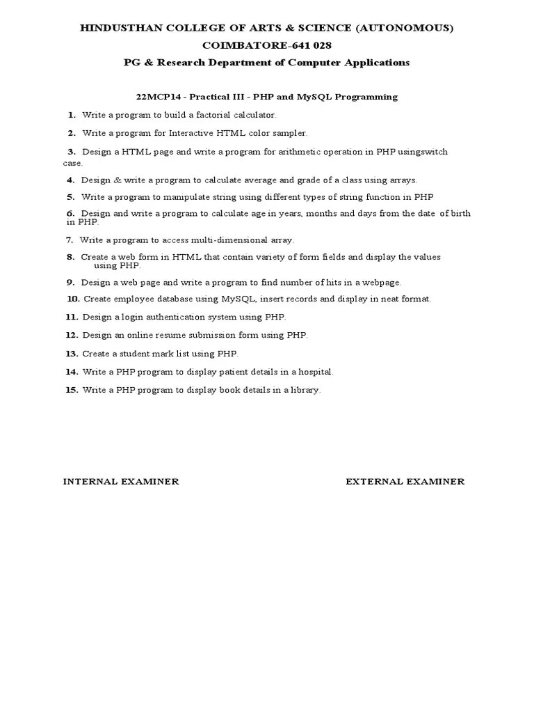 22MCP14 III - PHP & MySQL Programming Lab Questions | PDF | Php | World ...