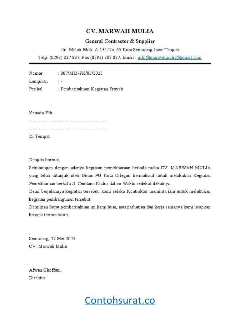 Contoh Surat Pemberitahuan Kegiatan Proyek | PDF