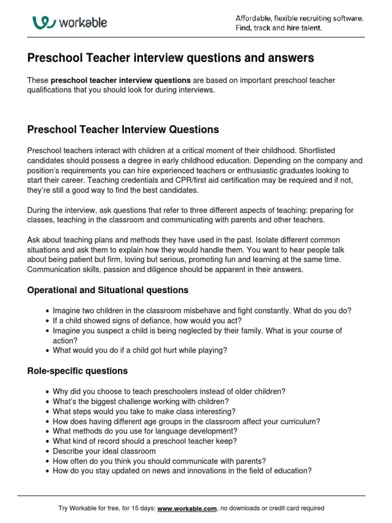 Pre-School Teacher Interview Questions | PDF | Teachers | Preschool