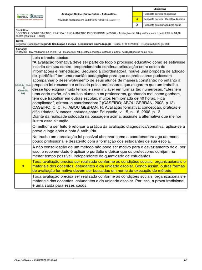 Avaliação 1 | PDF | Pedagogia | Aprendizado