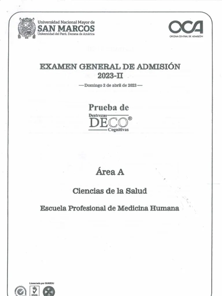 Examen De Admisión UNMSM 2023-II - Area A (Medicina Humana) - Tipo I | PDF